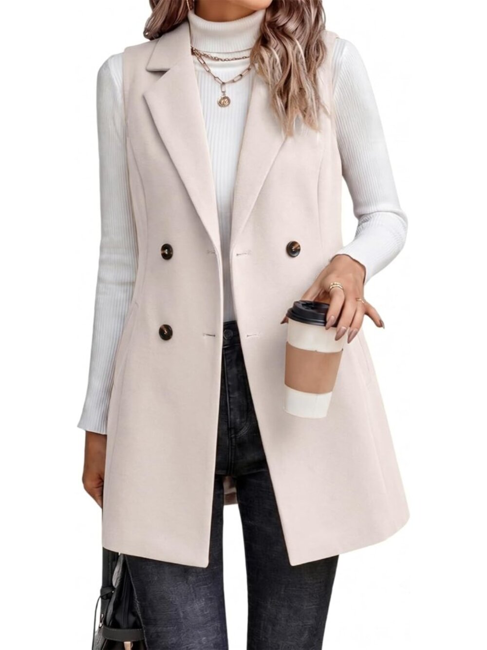 Women Pure Beige Notch Collar Sleeveless Cardigan Outerwear Blazer Fall Jackets